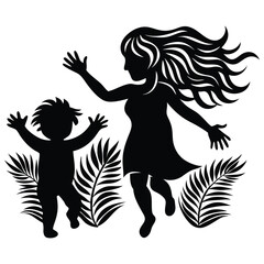 Mother and child playing silhouette on white background vector, Symbol of family, child, dance, happy mother's day