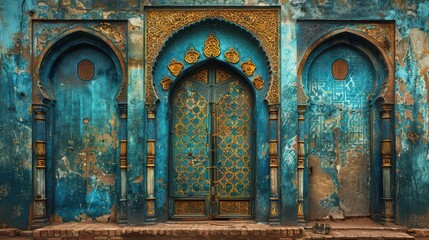 Obraz premium The blue building has three arched doors with gold trim