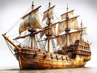 Vintage Sailing Ship: Aged Wooden Vessel with Tattered Sails on White