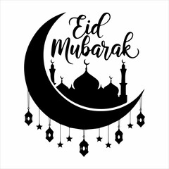 Eid silhouette icon vector illustration image. Eid Mubarak logo. Black silhouette of a Islamic mosque and crescent with lanterns. illustration. Eid typography 
 letter design.