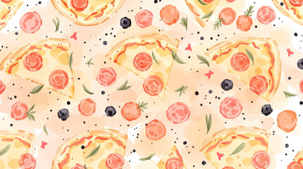Fototapeta premium Seamless watercolor pattern featuring isolated pizza slices on a clean white background ideal for fast food and Italian cuisine designs