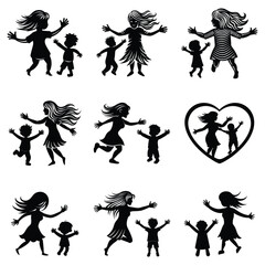 Mother and child playing silhouette on white background vector, Symbol of family, child, dance, happy mother's day