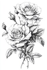 Detailed black and white ink sketch of two blooming roses with leaves and buds in elegant floral style