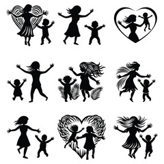 Mother and child playing silhouette on white background vector, Symbol of family, child, dance, happy mother's day