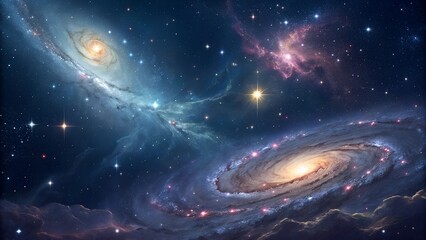 A cosmic-inspired abstract background featuring swirling galaxies, shimmering stars, and ethereal clouds of iridescent hues, creating a sense of infinite depth