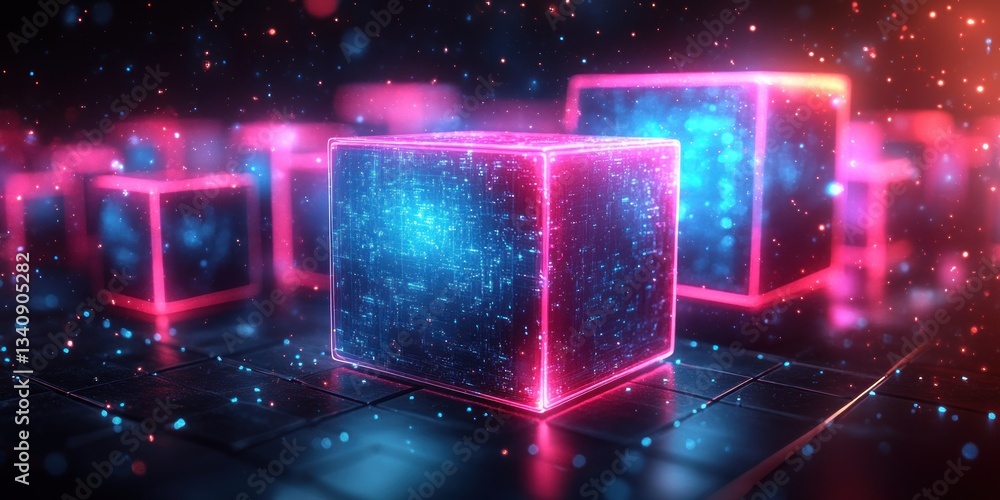 Poster abstract geometric technology background with neon cubes and hexagons for digital art