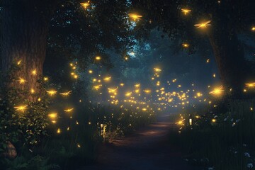 Naklejka premium Magical nighttime forest illuminated by glowing fireflies dancing amidst trees and flowers