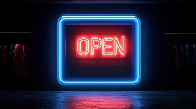 Glowing neon sign with word OPEN in red letters framed by blue light, glowing in dark shop interior at night