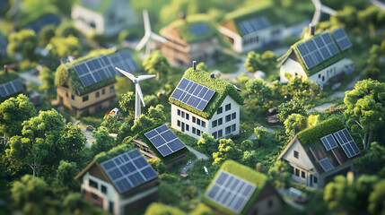 Rendering of a sustainable city featuring green roofs, solar panels, and smart wind turbines as part of the renewable energy infrastructure.