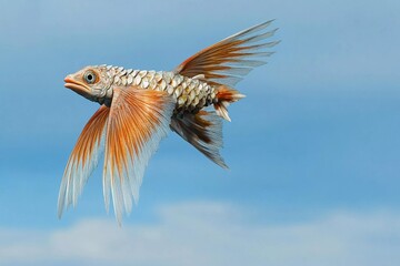 Unique depiction of a fish with wings soaring through a bright blue sky filled with clouds