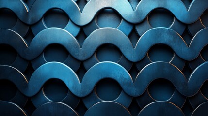 Abstract geometric pattern of interlocking blue curved shapes with metallic texture background
