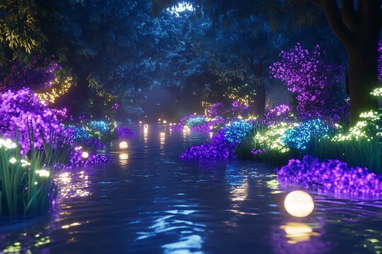 Mystical bioluminescent jungle with floating light orbs crystal clear reflection pool otherworldly flora in deep purples and teals