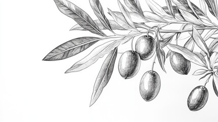 A highly detailed black and white retro-sketch illustration of an olive branch with ripe olives and elongated leaves, drawn with fine ink lines.