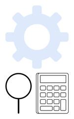 Gear symbol with a magnifying glass and calculator representing analysis, problem-solving, computation, and mechanical processes. Ideal for research, engineering, mathematics, optimization