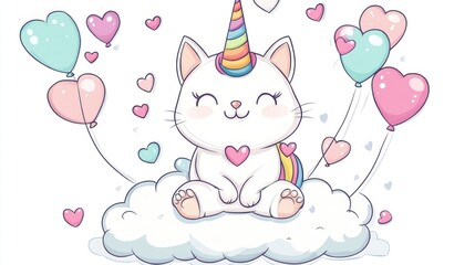 Cute cat unicorn sitting on cloud with balloons, hearts.  Possible use children's book illustration