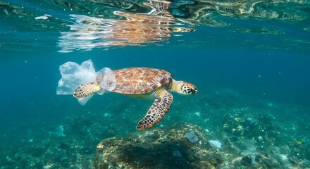 Obraz premium Sea Turtle Entangled in Plastic: A Plea for Ocean Conservation
