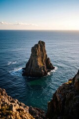 arafed rock formation in the ocean with a small island in the background