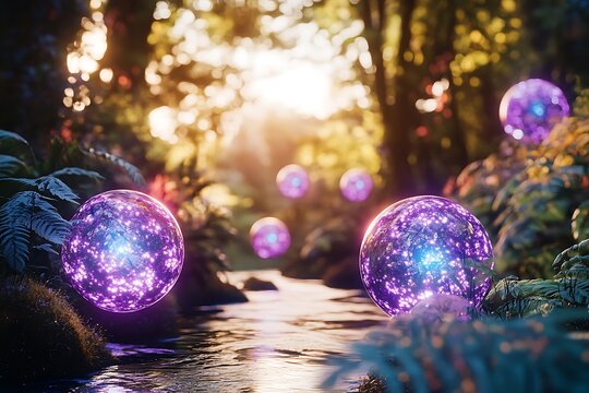 Mystical bioluminescent jungle with floating light orbs crystal clear reflection pool otherworldly flora in deep purples and teals