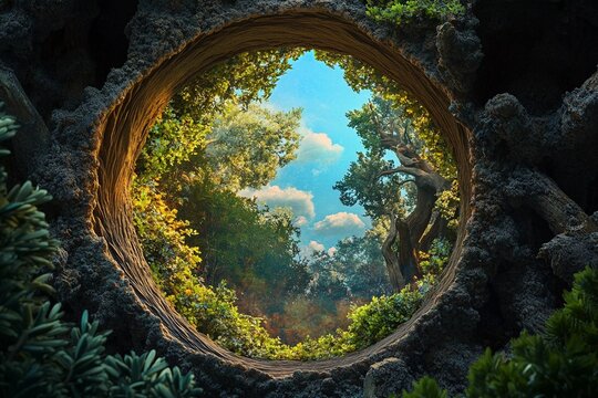 Unique view through tree bark showcasing a quiet lake reflecting autumn foliage and dramatic clouds at sunset