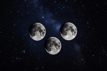 Obraz premium Three full moons shining brightly in a starry night sky