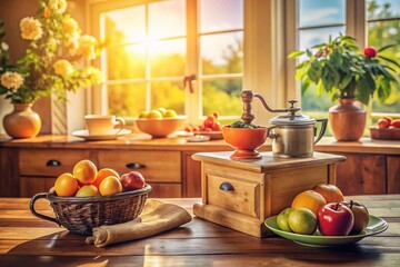 Vintage Sunny Kitchen Countertop with Rustic Decor & Fresh Produce