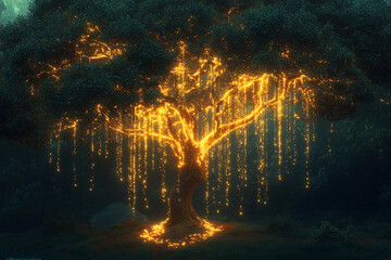 Fototapeta premium Magical glowing tree with hanging lights in a serene nighttime landscape