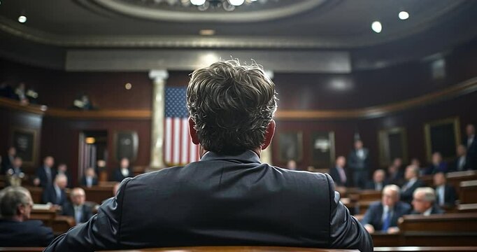 A man in a dark suit sits in a wooden chair, facing away from the camera, in a large hall filled with people.  The setting appears to be a formal assembly or hearing room