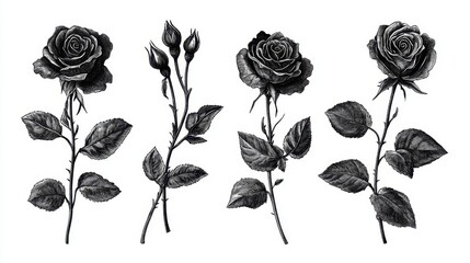 A highly detailed black and white ink illustration of four roses in different stages of bloom, drawn in a retro-sketch style with intricate linework.