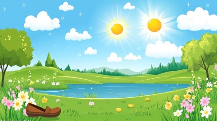 Fototapeta premium Sunny park scene with pond and shoe. Possible stock photo use Nature background