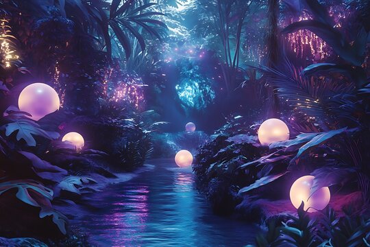 Mystical bioluminescent jungle with floating light orbs crystal clear reflection pool otherworldly flora in deep purples and teals