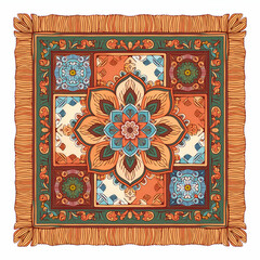 Obraz premium A Vibrant Mandala Tapestry, A Patchwork Of Warm Earth Tones And Cool Blues, Encircled By A Rich Orange Fringe, Showcasing Intricate Floral Designs And A Serene, Captivating Beauty