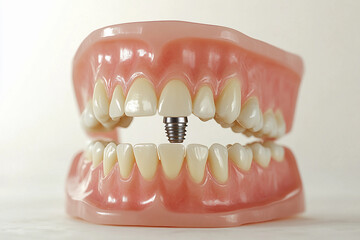 Obraz premium Dental implants displayed in a model of a human jaw demonstrating oral health and restoration procedures