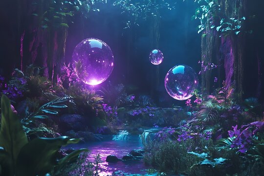 Mystical bioluminescent jungle with floating light orbs crystal clear reflection pool otherworldly flora in deep purples and teals