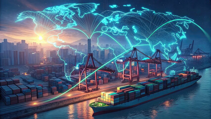 A futuristic depiction of tariffs using holographic trade graphs over a shipping port, visualizing fluctuating costs and economic restrictions in a digital finance landscape.