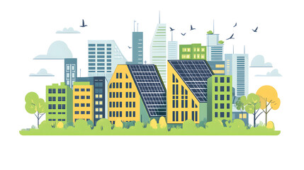 Obraz premium Simple icon of solar panels and green buildings, symbolizing the future of eco-architecture and renewable energy in urban spaces.