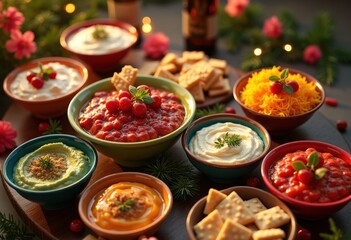 Fototapeta premium vibrant snack spread featuring colorful gourmet treats perfect festive gatherings social events, appetizers, snacks, dips, spreads, vegetables, fruits
