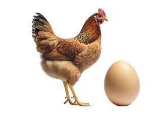 Fototapeta premium Chicken, brown feathered hen and large brown egg PNG file isolated on transparent background ,cut out, clipping path,, close up, high quality 