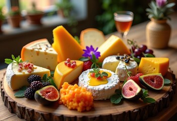 Obraz premium vibrant cheese display assorted varieties featuring colorful presentation dairy products culinary innovations, variety, platter, gourmet, selection