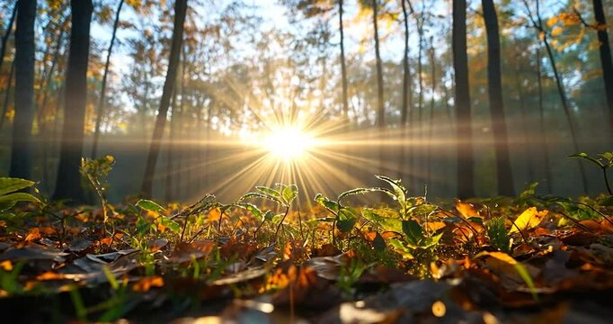 Low angle view of sunrise in an autumn forest. Sunlight rays stream through the trees, illuminating fallen leaves and green plants on the forest floor