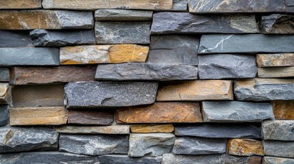 Naklejka premium Modern stone wall with precisely stacked rocks, featuring various shades of gray and brown. The clean arrangement and polished texture make it ideal for architectural or design inspiration.
