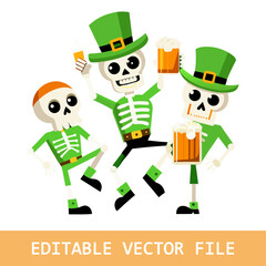 The skull of Saint Patrick's with green hat and clover leaves. Irish skull. St.Patrick skull vector.