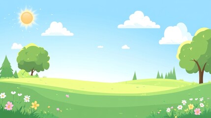 Obraz premium Springtime meadow landscape, sunny day, peaceful scene, perfect for children's book illustration