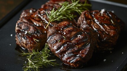 Grilled steak fillets garnished with rosemary on a black plate.