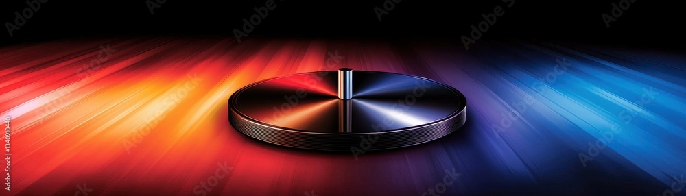 Poster circular metal platform on dynamic blurred background with red to blue gradient effect design