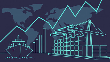 A futuristic depiction of tariffs using holographic trade graphs over a shipping port, visualizing fluctuating costs and economic restrictions in a digital finance landscape.