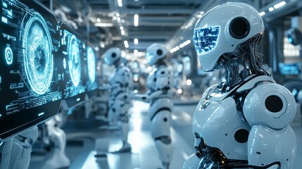 Fototapeta premium Futuristic robots are working in a factory with technological interfaces