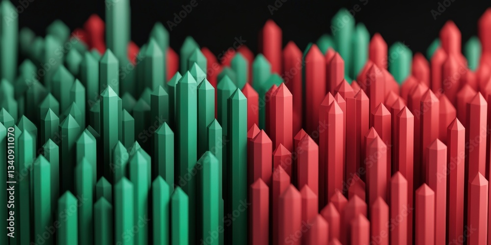 Poster markets impact volatility forecast concept. colorful abstract spikes in green and red, creating a st