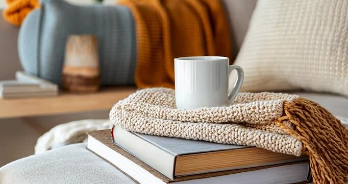 Cozy autumn scene with a white mug on a stack of books, covered with a cream knitted throw, with a mustard yellow fringed edge. Soft natural light illuminates the scene, suggesting warmth and