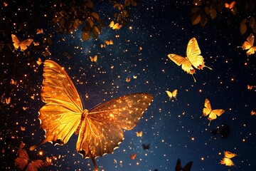 Butterflies illuminate a starry night sky in a mesmerizing display of nature's beauty and magic