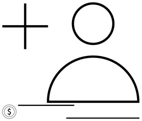 Abstract user avatar with plus sign and optional currency coin outline for registration or profile creation. Ideal for finance, account setup, networking, inclusion, community, growth, flat simple